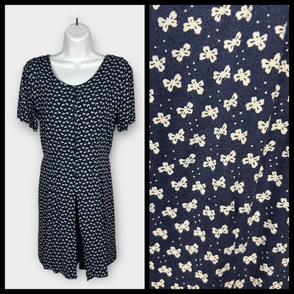 90s Alix Taylor NY Blue Rayon Bow Print Romper Dress Button Front Tie Back XS - Picture 1 of 7